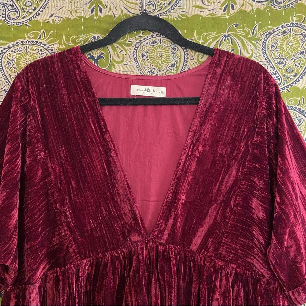 Natural Life Maroon Stella V-Neckline Crushed Velvet Boho Mini Dress Size Large - Picture 2 of 14